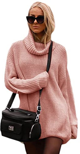 Mikos Pull Oversize en Tricot Pull pour Femme Hiver Long Sweater Tricoté Pullover à Col Roulé Élégant Automne Noir Marron Bleu Gris Beige Rose Moutarde (648) (Rose)
