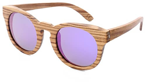 Lunettes de soleil rondes polarisées pour hommes et femmes rétro faites à la main en bois de noyer catégorie 3 avec étui en bambou UV400, Monture en bois, verres violets