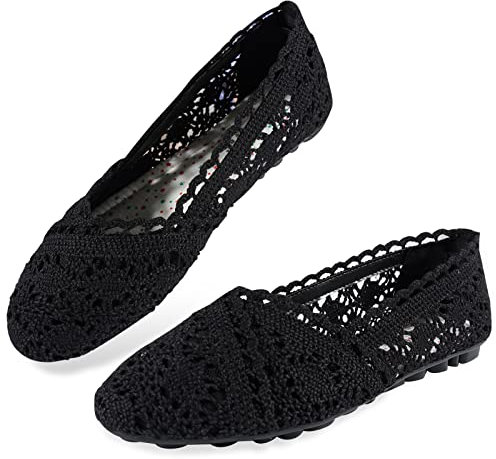 MACHSWON Women's Casual Pointed Toe Ballet Pumps Cut Out Slip On Ballerina Lace Flats Shoes (Black, Size 7.5)