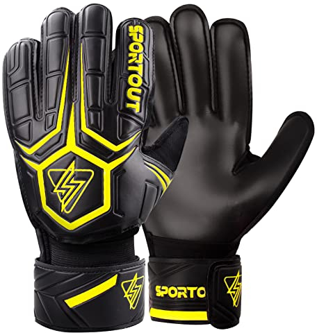 Sportout Torwarthandschuhe mit Fingersave, Fußballhandschuhe, Torwarthandschuhe Herren, 4mm Latex, für Kinder, Erwachsene und Jugendliche (Schwarz-Gelb, 10)
