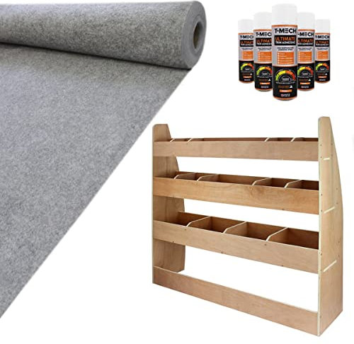Camper Van Lining Carpet 11m2 Silver Grey 4 Way Super Stretch & Berlingo Van Racking Plywood Tool Storage Utility Ply Toolbox Transporter Shelves Rack Unit Motorhome 5 x Adhesive Glue Cans Kit