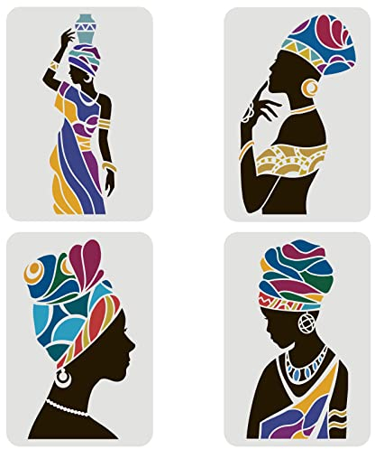 FINGERINSPIRE 4 STÜCKE Stammes Frauen Schablone 29,7x21cm Stammes Wandschablonen zum Malen wiederverwendbare Kunst und Bastelschablonen afrikanische Stammes Schablone zum Malen auf Wand und Stoff