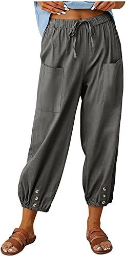 ASKSA Damen 7/8 Länge Hose Weitem Bein Freizeithose Leicht Sommerhose Lose Casual Leinenhose mit Taschen