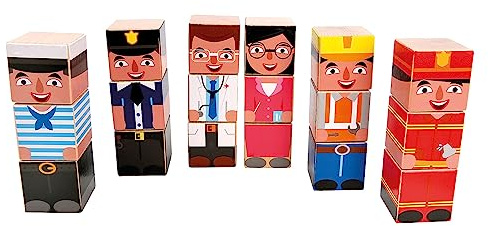 Mertens Drehwürfel-Puzzle Berufe, Holzspielzeug für Kinder ab 3 Jahre, beliebige Anordnung der DREI leicht drehbaren Holzbilderwürfel, 18 Holzwürfel, Motorikspielzeug, farbenfrohe Gestaltung
