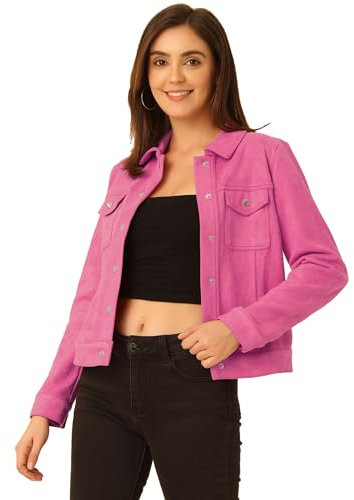 Allegra K Veste femme en simili daim avec col rabattu et poches à rabat Rose Vif XS