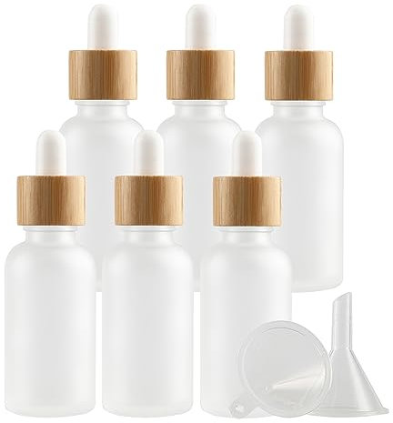 PQPAUTY 6 Pezzi 30 ml Bottiglie Contagocce in Vetro Trasparente Opaco con Pipetta Tappo a Vite Bambù per Oli Essenziali, Contenitori di Aromaterapia, Cosmetici