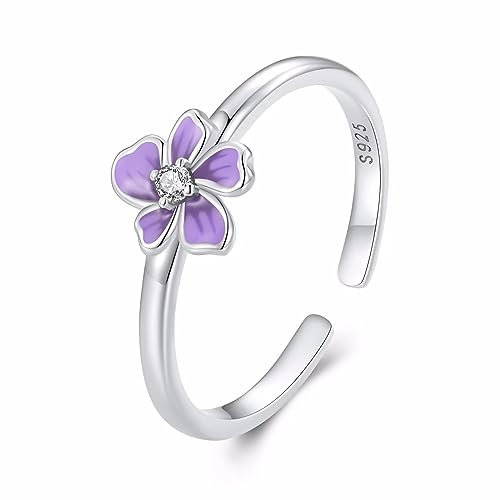 Qings Bagues Reglable Fleur en Argent Sterling 925, Fleur Mauve Ouverte Bagues Bijoux Cadeaux pour Femmes et Filles