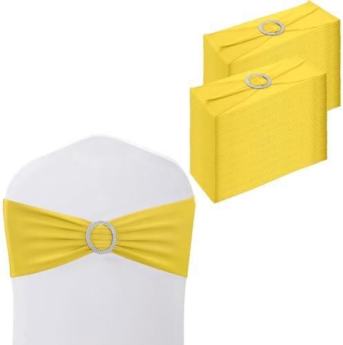 WedDecor Plain Spandex Chair Bands with Slider Buckle, Lemon Yellow, 100pcs | Stretch Chair Sashes for Wedding Party Chair Decoration, Event Supplies, Formal Meeting, 13 x 6 Inches