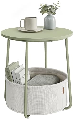 VASAGLE Beistelltisch rund, Kleiner Tisch, Couchtisch klein, Wohnzimmertisch, Korb aus Stoff, Stauraum für Wohnzimmer Schlafzimmer, Nachttisch modern, lorbeergrün-cremeweiß LET223C69