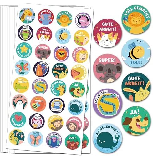 1600 Stück Belohnungsaufkleber, 25mm Motivationsaufkleber für Kinder, 32 Muster Selbstklebende Belohnung Aufkleber, Deutsch Belohnungssticker Reward Stickers Zootieraufkleber für Lehrerbedarf