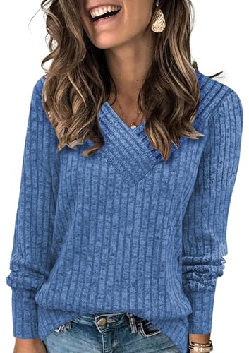 Famulily Ladies Longline Tunic Jumpers V Neck, Warm Plain Long Sleeve Tops Women Baggy (L, Blue)