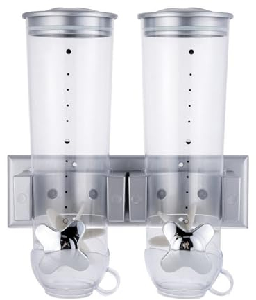 BURLOE Double Cereal Dispenser, Wall Mounted Dispenser with Locking Caise Plastic Rotary System Practical Storage for Nuts Cornflakes Sweets,Silver