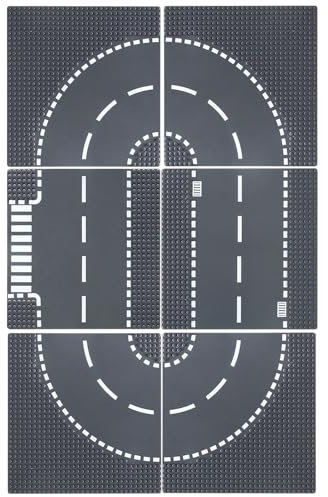 HUIZDQ 6 Stück Straßengrundplatten, City Street Road Building Baseplate Toys Kompatibel mit Allen großen Marken, für Kinder ab 3 Jahren, 4 Kurven, 1 Gerade, 1 T-Kreuzung, 10 x 10 (Grau)