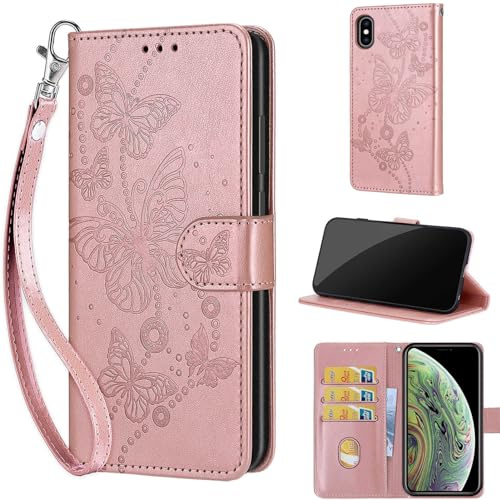 KENHONER Phone Case for iPhone XS Max, Butterfly - Rose Gold | Shockproof Flip Wallet, Card Slots, Kickstand, PU Leather, Wrist Strap Lanyard