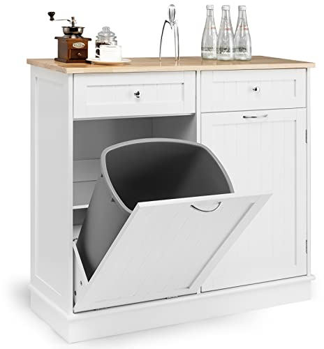 GOPLUS Buffet de Cuisine, Meuble Poubelle Cuisine avec 2 Tiroirs, Étagère Réglable, Plateau en Caoutchou pour Salle à Manger, Salon,Convient pour Poubelle 42L (Non Inclus) (Blanc)