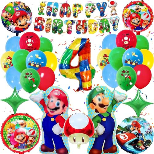 Mario Kindergeburtstag Deko 4 Jahre, Mario Luftballons Party Dekoration, mario luftballon 4. Geburtstag
