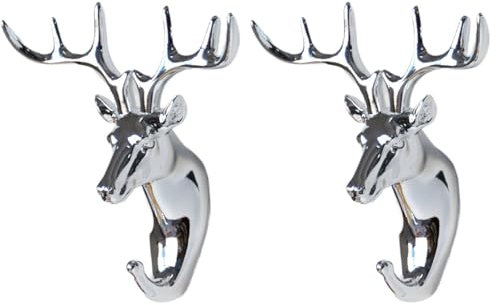 Wandhaken Für Küche 2 Stück Cartoon-Haken Ohne Bohren Garderobenhaken Für Den Eingang Zur Wandmontage Tier-Wandbehänge Geeignet Für Mäntel Schals Taschen Handtücher Schlüssel Hüte(Silber Hirsch)