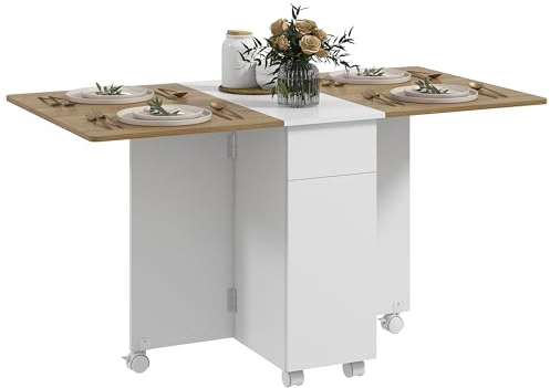 HOMCOM Tavolo da Pranzo Pieghevole Salvaspazio per 6 Persone, Tavolo a Ribalta in Legno con Ruote, 2 Cassetti e Armadietto per Cucina e Soggiorno, 140x76x74 cm, Bianco e Naturale