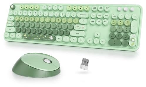 SbocKeeb Kabellose Tastatur und Maus, 104 Schreibmaschinen Tastatur in Voller Größe mit Nummernblock, Amerikanisch QWERTY,2.4 GHz mit Retro Runden Tastenkappen für PC,Colorful Green