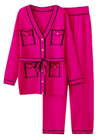 Donne Ufficio Maglione Due Pezzi Set Signore Manica Lunga Maglia Cardigan+Gamba Larga Pantaloni Lunghi Imposta Allentato Abiti A Maglia, Fucsia, Etichettalia unica