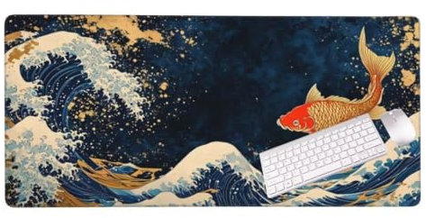 Gaming Tapis de Souris Vague japonaise Tapis Souris XXL 100 x 60 cm, Grand Tapis de Bureau Sous Main avec Base en Caoutchouc Antidérapante, Tapis de Souris Gaming Accessoire, Decoration Maison S-10527
