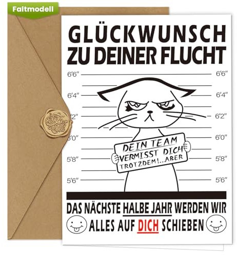 Werfunee Abschiedskarte Kollegen A6(mit Umschlag und Wachssiegel) - Karte Abschied Kollege - Herzlichen Glückwunsch zu Deiner Flucht - Abschiedsgeschenk Kollegen (Abschiedskarte1(Faltmodell))