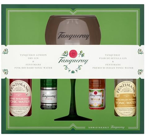 Tanqueray Gin Gift Set - Tanqueray London Dry Gin 5cl, Tanqueray Flor de Sevilla Distilled Gin 5cl, Tanqueray Gin Glass, 2x Fentimans Tonic, Flavoured Gin Gifts for Women & Men, Birthday Gin Gift