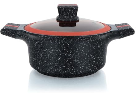 Herzberg,HGRSCAS24, Cocotte in Granito con Coperchio in Vetro, 24 cm, Ideale per Cottura Sana, Resistente ai Graffi, Facile da Pulire, Colore Rosso e Nero