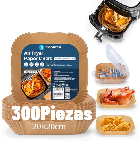 Papel para Freidora de Aire Cuadrado 300 Piezas, 20-24CM Air Fryer Cuadrado Papel de horno,Desechable Antiadherente, para 5-8L Freidora de Aire y Microondas,BPA Free Aigostar