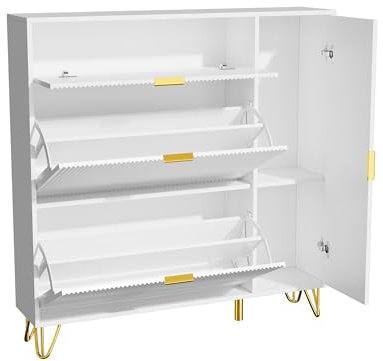 MOTUZP Schuhkipper mit Klappen Schuhschrank schmal Schuhregal,Ablageflächen Schuhkommode, Shoe Cabinet Schuhkommode Schuhschrank mit Schublade für Eingangsbereich, Flur (110 * 111.5cm)