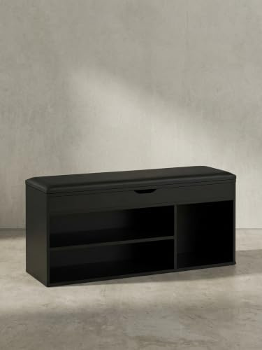 KADIMA DESIGN Schuhbank mit Sitzfläche Garderoben-Bank 104x51x32 cm Kunstleder Schwarz | Holzbank Klein Gepolstert | Sitzbank Schmal Flur mit Stauraum | Truhenbank Schuhtruhe Flurmöbel