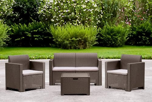 Dmora - Loungeset für draußen Venere, Outdoor-Lounge mit Couchtisch, Terrassenset mit Kissen, Gartenkomposition mit Sofa und Sesseln, Made in Italy, Taube
