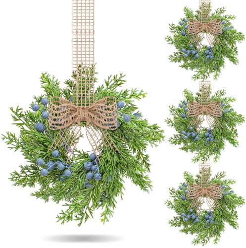 VioraWhite 4 Pcs Small Vintage Christmas Cabinet Wreath Artificial Blue Berry Mini Kitchen Wreaths with Retro Burlap Ribbon for Farmhouse Rustic Home Front Door Window Wedding Chair Wall