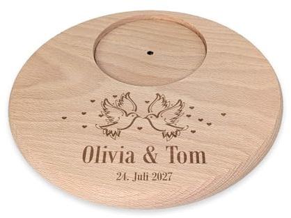 Herz & Heim® Personalisierter Kerzenhalter aus Holz zur Hochzeit – Kerzenuntersetzer mit Gravur als Geschenk zur Trauung – Individueller Kerzenteller für Hochzeitskerzen (Tauben)
