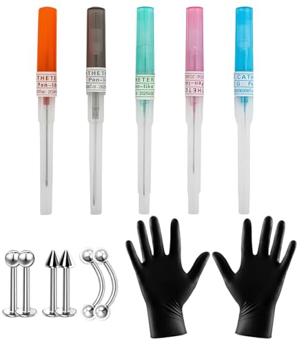 13 Stück Piercing Stechen Set, Piercing Nadel, 5 Piercing Nadeln, 3 Paar Lippenpiercings Und 1 Paar Handschuhe für Lippe Zunge Bauch Brustwarze Knorpel, Professionelle Piercer und DIY-Anwender
