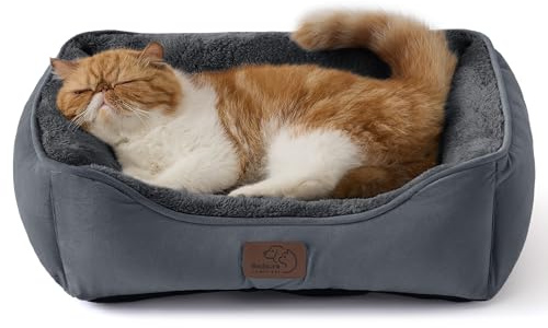 BEDSURE Katzenbett waschbar Katzen Bettchen 51x41cm | Katzenkorb Indoor mit Rutschfester Basis, quadratisches Hundebett für kleine Hunde mit weichem Rand, dunkelgrau
