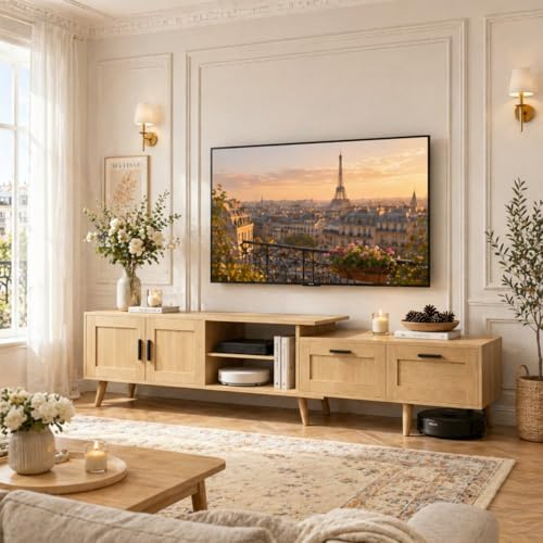 Meuble TV 180, Longueur Réglable, Banc TV Effet Rotin Cannage pour TV jusqu'à 75 Pouces, avec Tiroirs et Porte, Style Bohème Scandinave, Pieds en Bois, pour Salon, Chambre (Couleur chêne, 146-180 cm)