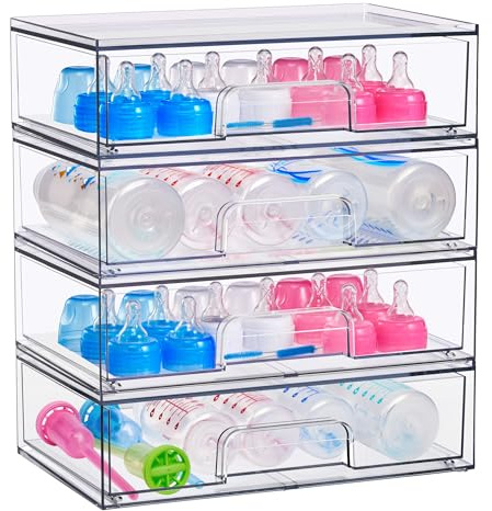 Sorbus Wide Stackable Acrylic Storage Drawers, 4 Pack Clear Plastic Organizer Bins for Baby Bottles, Makeup, Bathroom, Vanity &Countertop Organization, Pull-Out Drawer Design for Cabinets & Pantry