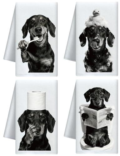 CUTHOLLOW 4er-Set Geschirrtücher mit lustige schwarzer Hund Motiv - Weich & Saugfähig - Deko Trockentuch Microfaser für Küche, Tee, Kaffee, Bar, Zuhause, Einweihung, Geburtstag