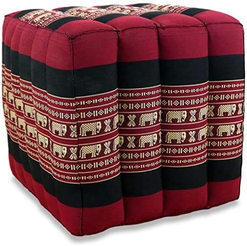 livasia Würfelkissen quadratisch - 40x40x40cm - Sitzhocker mit organischem Kapok, Sitzpouf, Lagerungswürfel viereckig, Bodenkissen Hocker Fußbank Fußhocker handgefertigt (Rot/Elefanten)