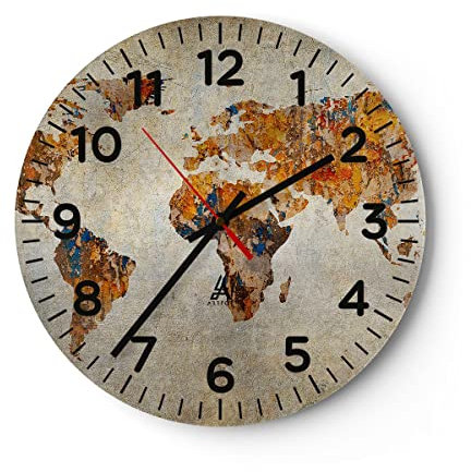 Modern Wanduhr Welt Karte Kontinente Geographie 40x40cm Rund Groß Wand Uhr Glas Analog Zimmeruhren Küche Büro Wohnzimmer Glasuhr Wall Clock Dekoration Design Wanddekoration Küchenuhr C4AR40x40-2783