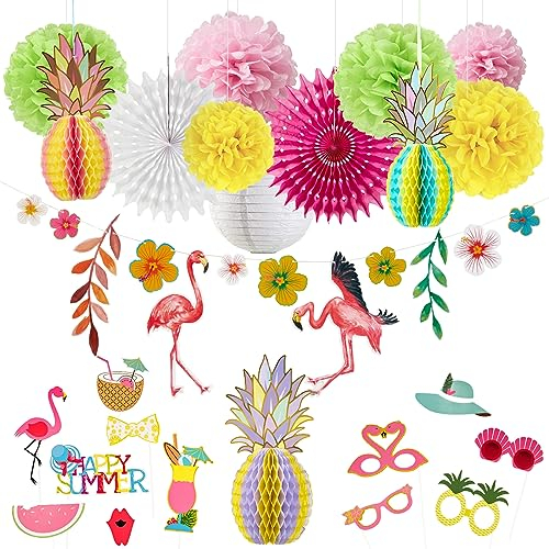 Summer Party Hawaii Mottoparty Ananas Tischdeko Flamingo Girlande Kokosnuß Foto Requisiten Geburtstagsdeko Kit Bunt