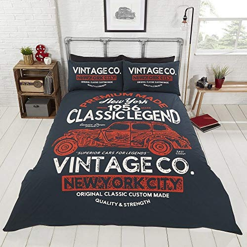 Rapport Home Vintage Navy Blue Kingsize Duvet Cover Set - New York City Bedding Set