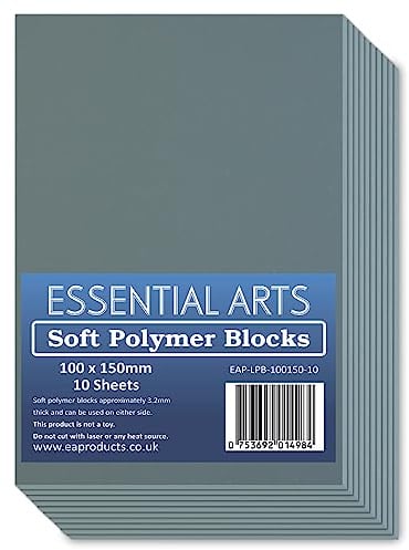 100 x 150mm Double Sided Soft Lino Polymer Blocks Pack of 10 – 3.2mm Thick Super Soft Printing Sheets for Carving Art and Craft – by Essential Arts