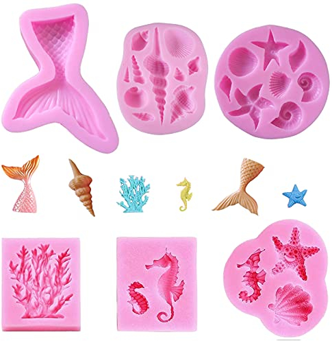 Eterspr 6 Stück Meerjungfrau Silikonform, 3D Ozean Tier Silikon, Meerestiere Fondant Formen, für Machen Sie Süßigkeiten, Schokolade, Gelee