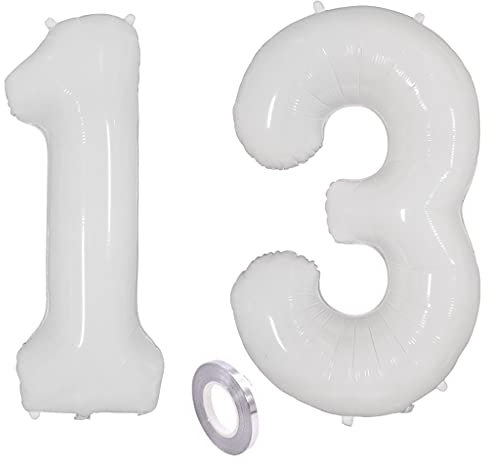 Weiß Luftballons Zahl 13. Geburtstag deko Mädchen Junge,Zahlen Ballon 13 Geburtstag deko, 40 Zoll Heliumballon 13 jahre Geburtstagsdeko Mädchen Junge Aufblasbar Helium Folienballon 13 Weiß（13）