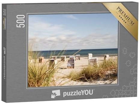 puzzleYOU: Puzzle 500 Teile „Strandkörbe an der Ostsee, Fokus auf das Dünengras im Vordergrund“ – aus der Puzzle-Kollektion Strandkörbe