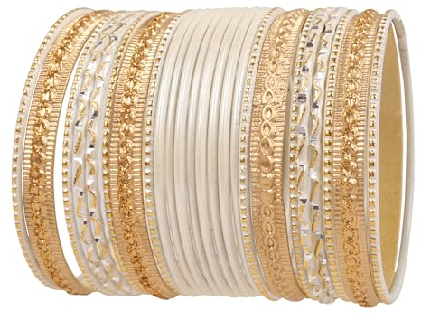 Touchstone NEU Colorful 2 Dozen Armreifen-Kollektion“, indisches Bollywood-Design, strukturiert, weiß-goldene Farben, Designer-Schmuck-Armreifen-Set, 24er-Set in antikem Goldton für Damen.
