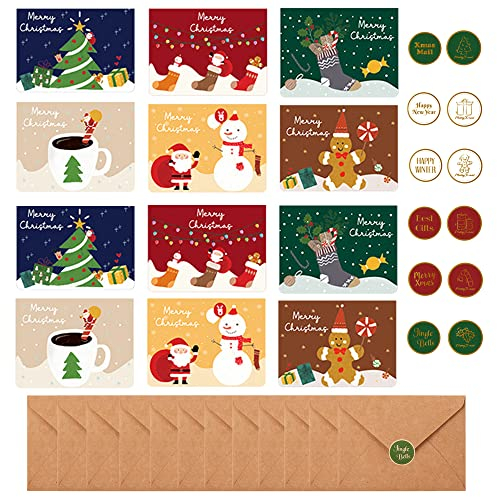 Shulaner Christmas Cards in English with Envelopes and Stickers, Weihnachtskarten Mini Xmas Karten Weihnachten Cartoon Weihnachtsmann, Weihnachtsbaum, Schneemann Weihnachtskarte Set - 12 Stück