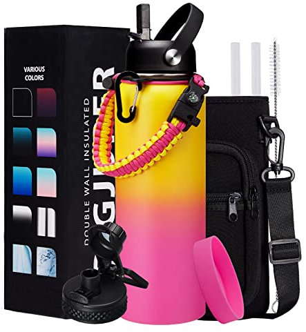 DIGJUPER 40OZ Insulated Stainless-Steel Water Bottle - Reusable Metal Water Bottles with Straw & Spout Lids, Paracord Handle & Bottle Carrier Pouch, Leakproof Workout Water Bottle Flask for Women Men